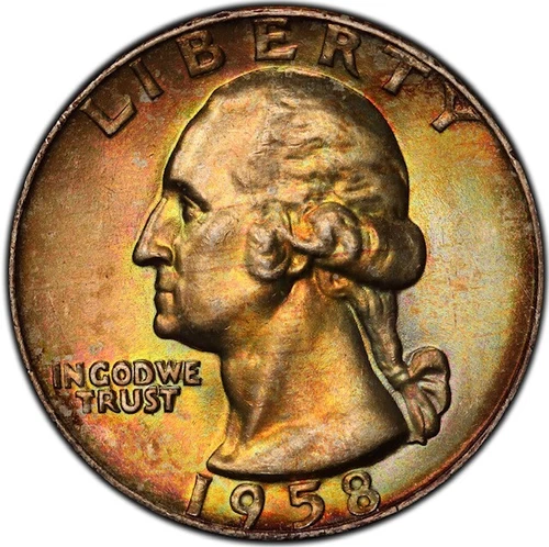 MS66 1958-D 25C Washington Silver Quarter, PCGS Secure- Rainbow Mint Set Toned