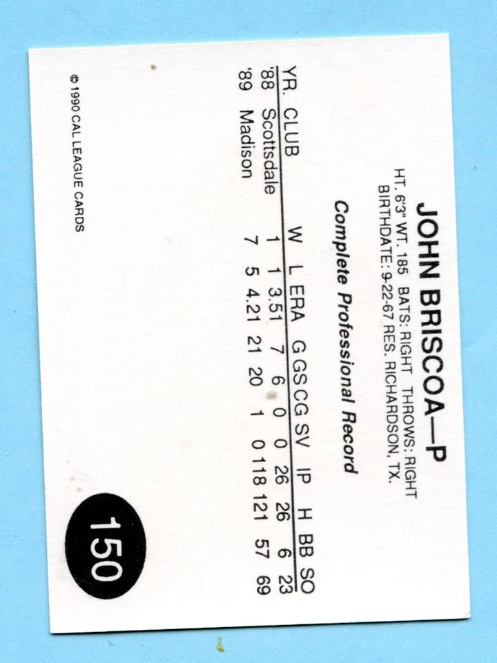 1990 Cal League Cards - Modesto A's - 150 John Briscoa - Box 226 - Image 2 of 2