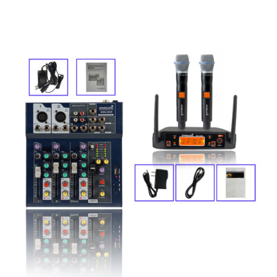 4 Channel Studio Mixer Live Sound DJ Mixing Console 2CH UHF Audio KTV Microphone