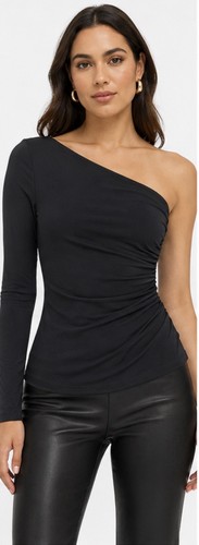 INC International Concepts Black One Shoulder Ruched Long Sleeve Fitted Top, XS