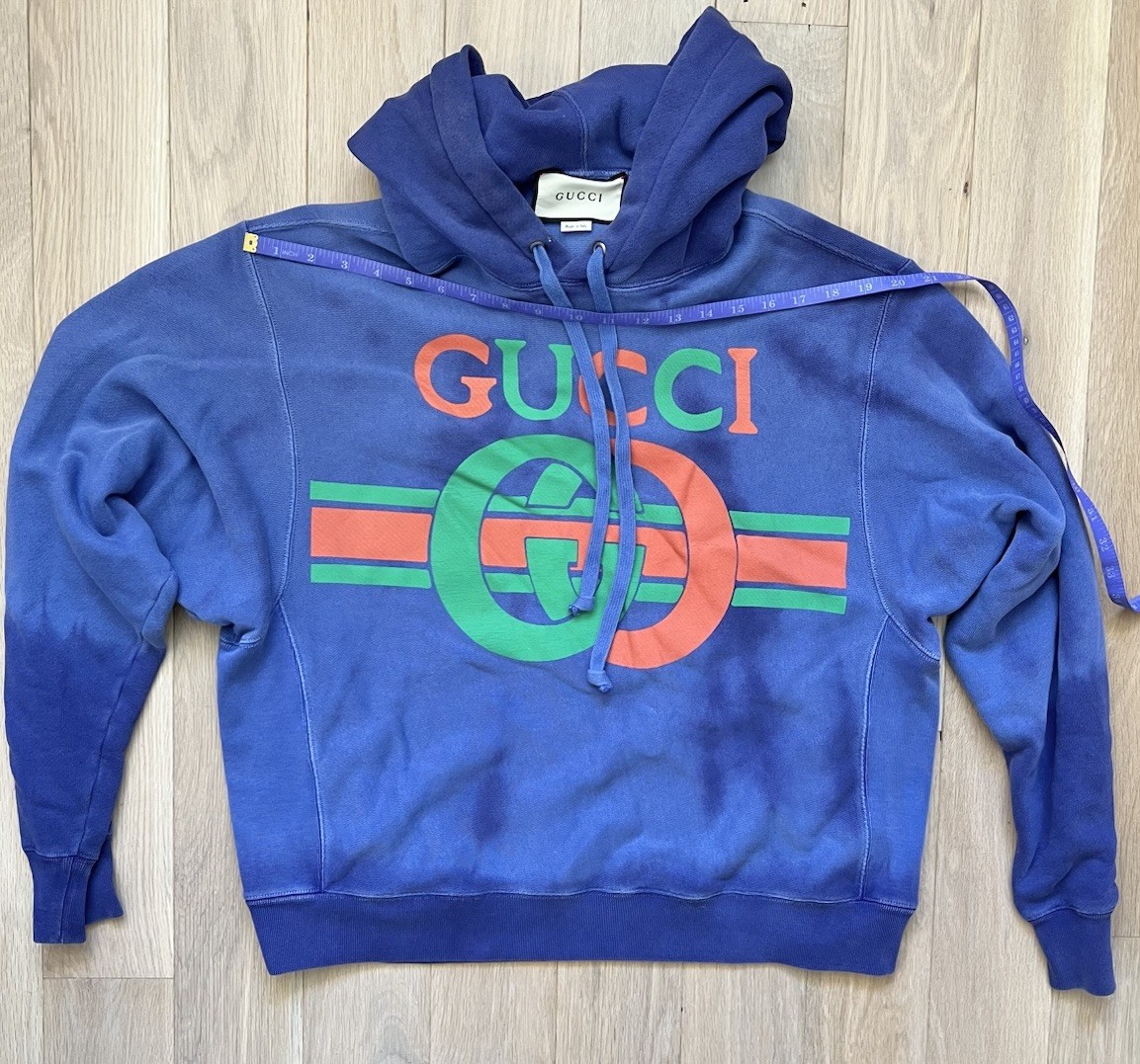 Gucci Interlocking GG Red & Green Logo Blue Washed Out Hoodie