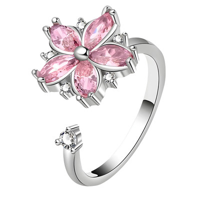 925 Sterling Silver Pink Zircon Rotatable Flower Adjustable Ring Spinning 365