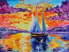 Sailboat Oil Painting 20x15cm Sea Landscape Sunset Painting on Painting Board