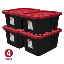Heavy Duty 12 Gallon Storage Bin with Snap Lid 4 Pack Black Red Plastic