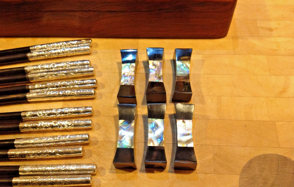 Rosewood Box. Mother Of Pearl Rests with 12 chopsticks metal decoration ...