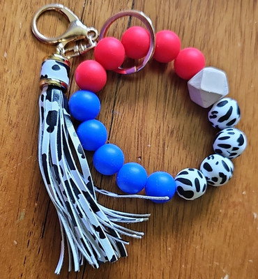Cow Print Tasseled Beaded Bracelet Key Chain Red Blue White Boho for Women