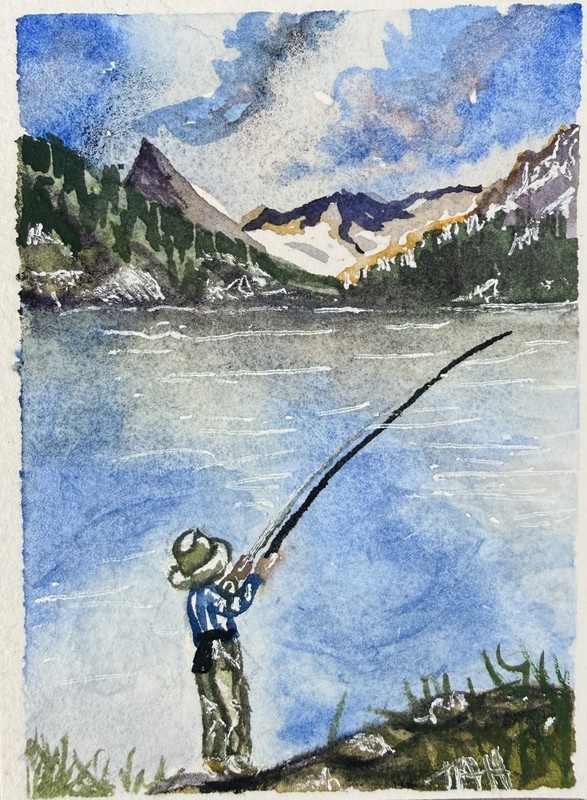 Tracey Hunnewell Art Original Signed OOAK 'Fishing in Montana' Watercolor 2026