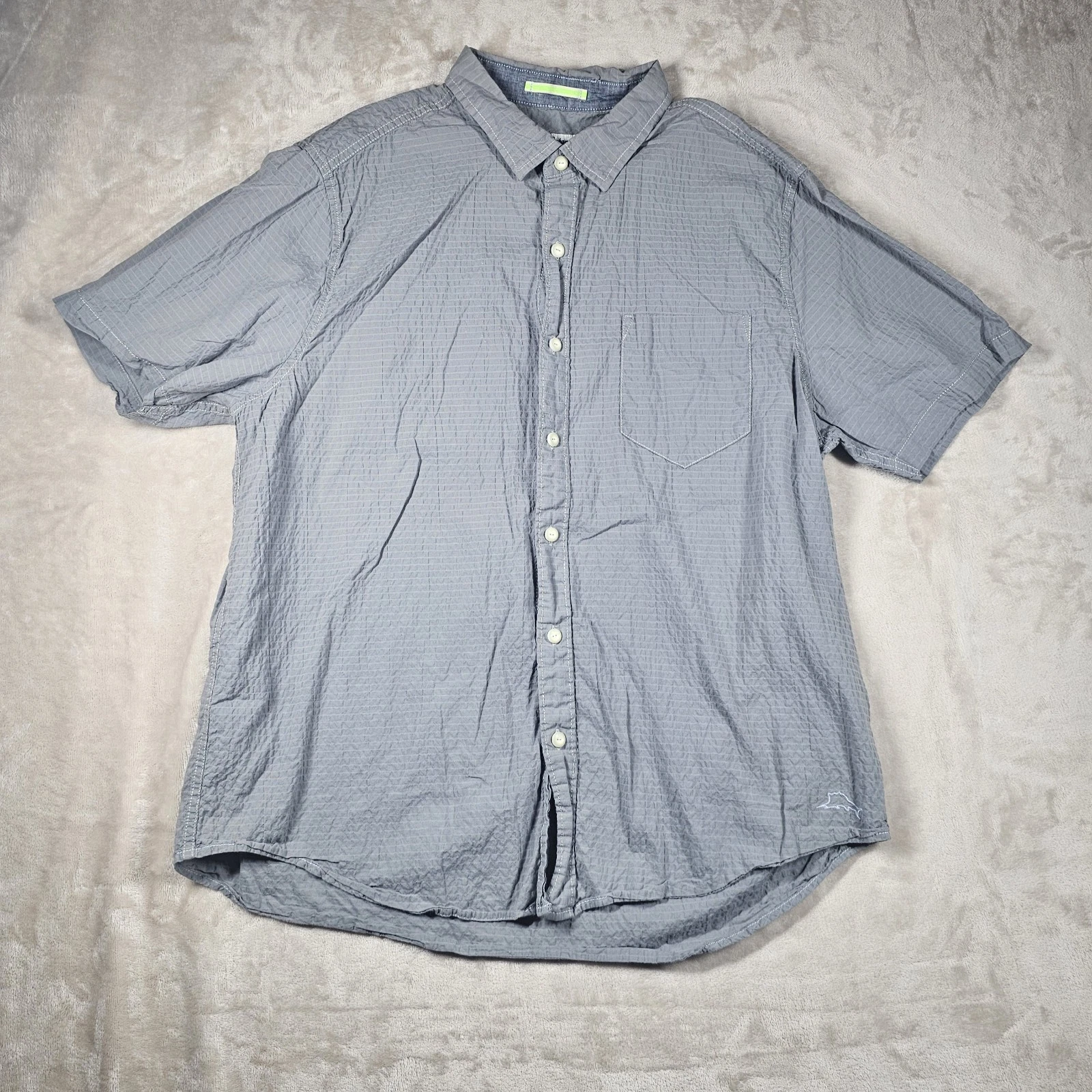 Tommy Bahama Shirt Mens XL Grey Searsucker Pocket Button Up Short Sleeve Preppy