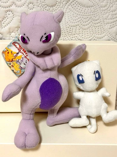 RARE Vintage Pokemon MEWTWO & Mew Plush Doll Banpresto 1998 Prize Toy Japan