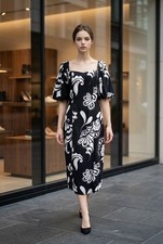 Ann Taylor Navy White Floral Puff Sleeve Midi Dress Size 2 Lined
