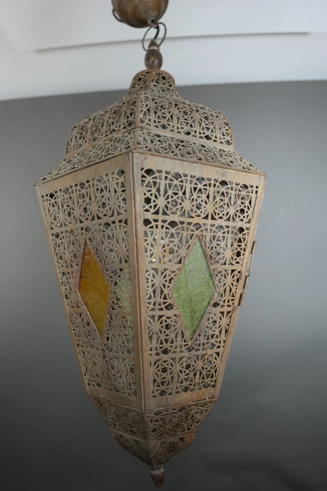 Antique Islamic Moorish Metal Handmade Pierced Filigree Lantern Pendant Lamp - Image 4 of 4