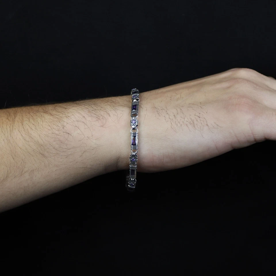 Brazalete de cadena de piedras preciosas bizantinas grabadas amatista plateadas para hombre Foto 2 de 4