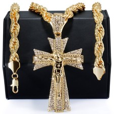 14K Rope Chain 10mm 20" 24"In Large Latin Jesus Cross Gold Plated Hip Hop