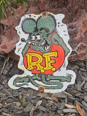 VINTAGE RAT FINK PORCELAIN SIGN HOT ROD GAS ENGINE RACE CAR AUTO APPX  10'' X 9