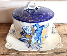 Antique Cheese Keeper Covered Dish Two-Piece Blue Gold Gilded Leaves Crazing