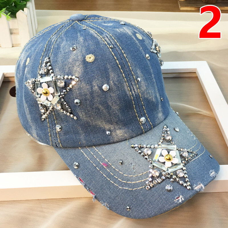 3Pcs Rhinestone Women Baseball Caps Adjustable Cotton Denim Sun Hat Bling Baseball Cap for Women - Fancy Denim Bejeweled Sun Hat main image 2