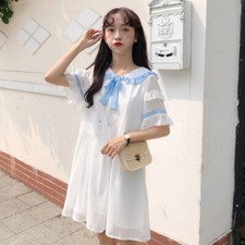 Women Chiffon Dress Sheer Mesh Ruffle Peter Pan Collar Sailor Cute Preppy
