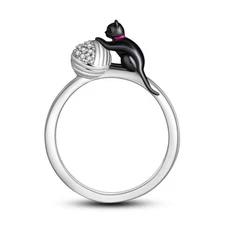 MULA Original Black Cat Yarn Finger Ring CZ For Women Jewelry 925 SterlingSilver