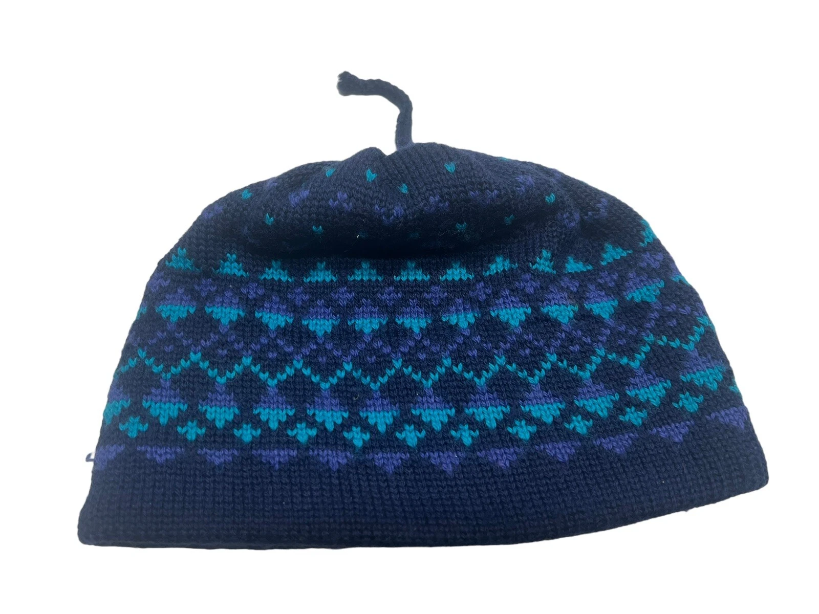 Vtg 1980'S 100% WOOL Fleece Lined WINTER BEANIE HAT Cap PURPLE Blue Canada Knit