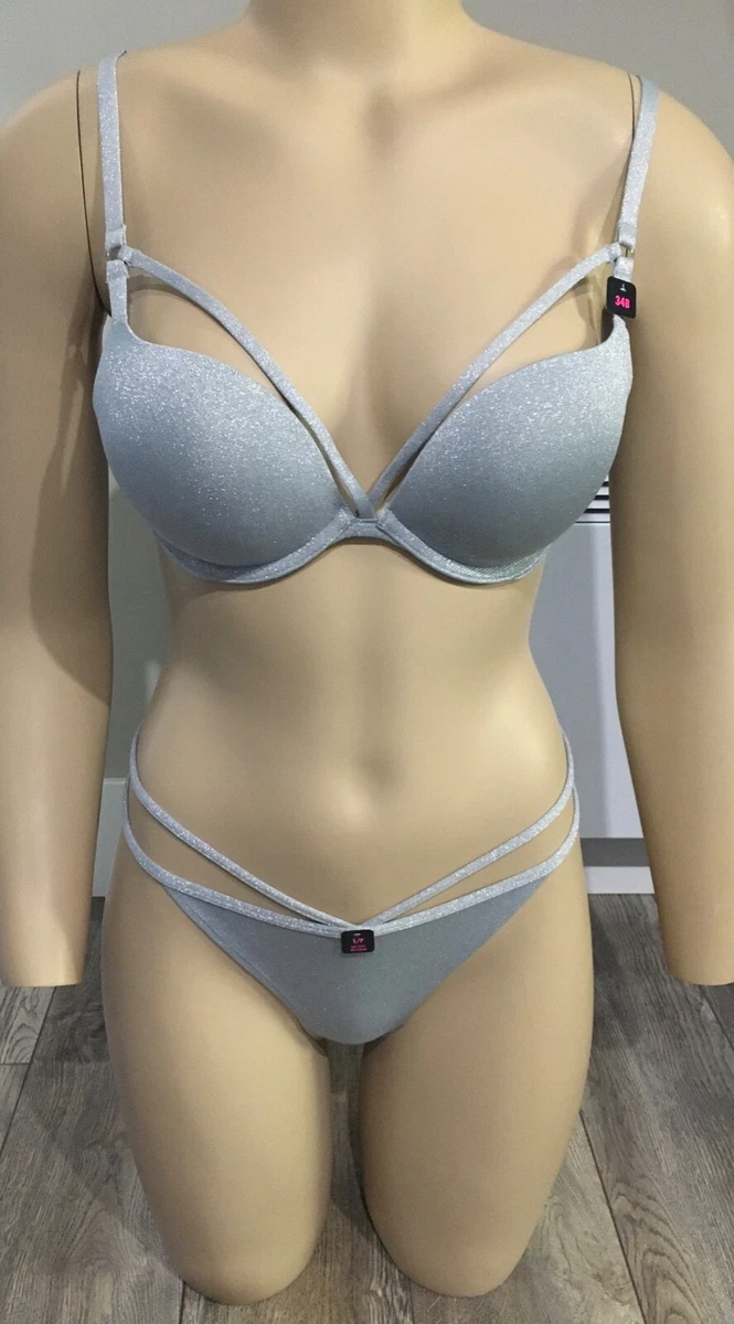 La Senza Silver Strappy Beyond Sexy Push Up Bra/Panty Set NWT Size S /34B