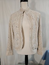 Chico's Beige Eyelet Linen Rayon Long Sleeve Open Jacket Size 1 8-10 EUC