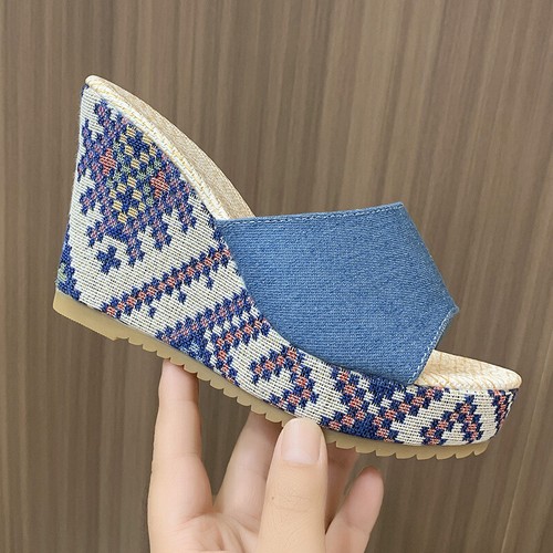 Fashion Women's Denim Wedge High Heel Platform Comfy Slip-On Sandals Slippers - Bild 10 von 12