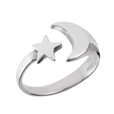 Adjustable Sterling Silver Star And Moon Ring - Free Gift Packaging