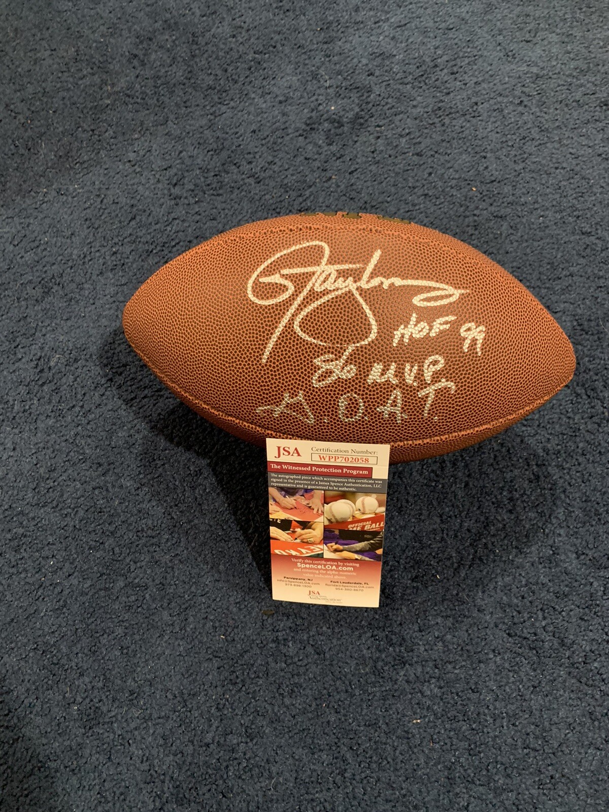 Lawrence Taylor- Autographed Signed Wilson Stat Football, JSA, 3 Inscriptions Giants Goat 