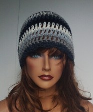 BLACK, WHITE GRAY MULTI BEANIE CAP HAT HAND CROCHET BERET SKULL CAP CLOCHE TAM