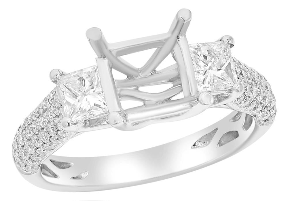 1.18CT DIAMOND 14K WHITE GOLD ROUND & PRINCESS SQUARE SEMI MOUNT