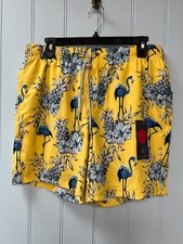 Rainforest Yellow Hawaiian Flamingo Print Men's Swim Trunks Size M