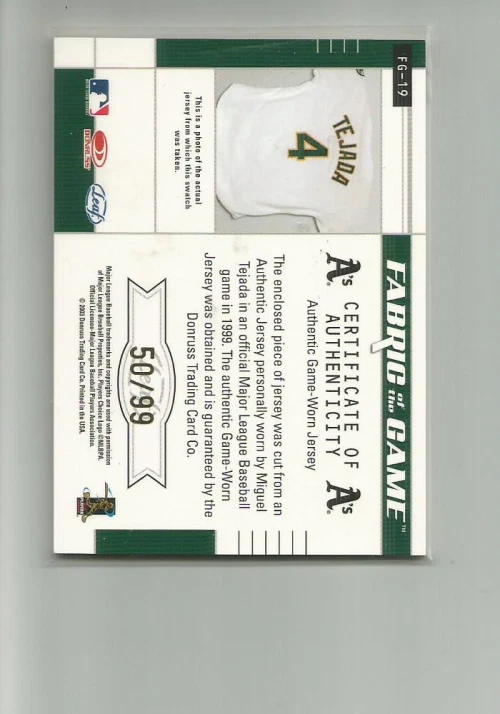 2003 CERTIFIED MATERIALS FABRIC OF THE GAME #19JY MIGUEL TEJADA JERSEY 50/99 - Image 2 of 2