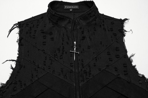 Gilet lungo Punk Rave uomo nero gotico punk invecchiato cerniera cosplay gilet - Foto 16 di 19