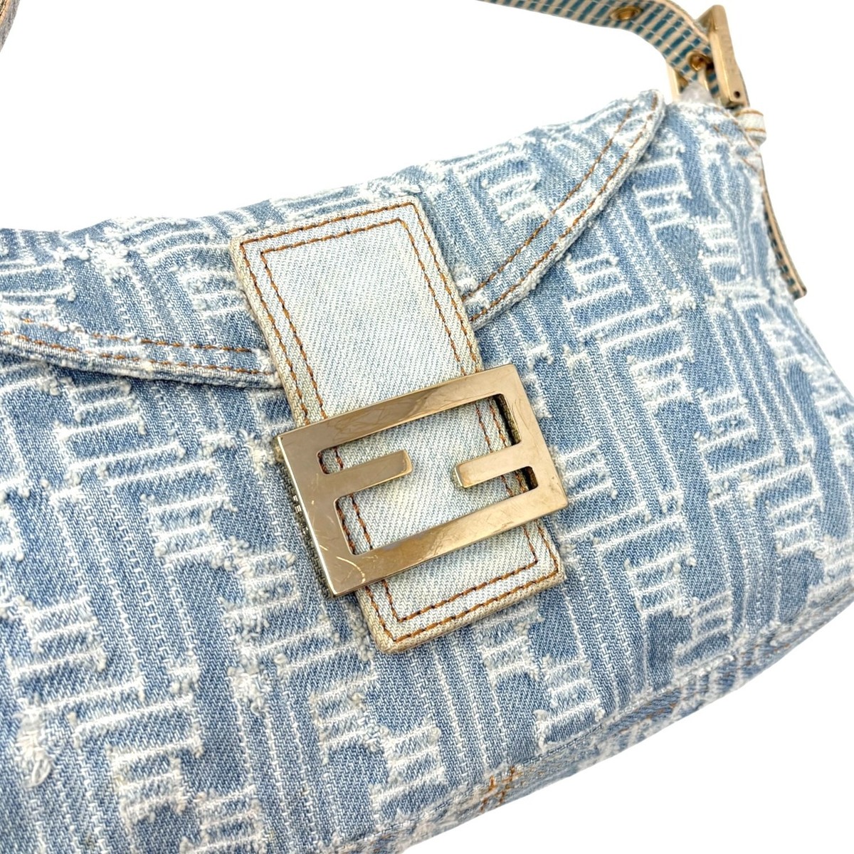FENDI Vintage FF Zucca Monogram Denim Mamma Baguette Shoulder Bag