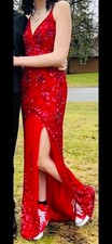 Windsor Red Sequin Floral V-Neck Formal Gown with High Slit