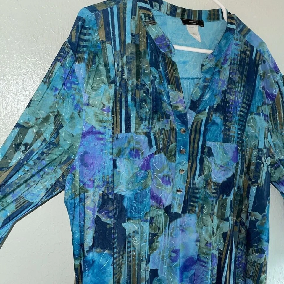 Plus 2X Blusa Blusa Camisa Top Túnica Azul Cachemira Bordada Verde Aqua Foto 3 de 4