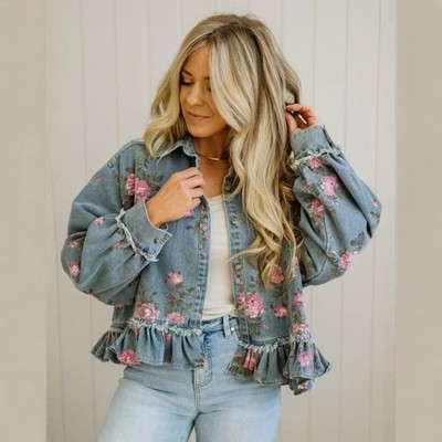 Womens Plus Floral Denim Jacket Vintage Wash Ruffle Peplum Button Up Long Sleeve