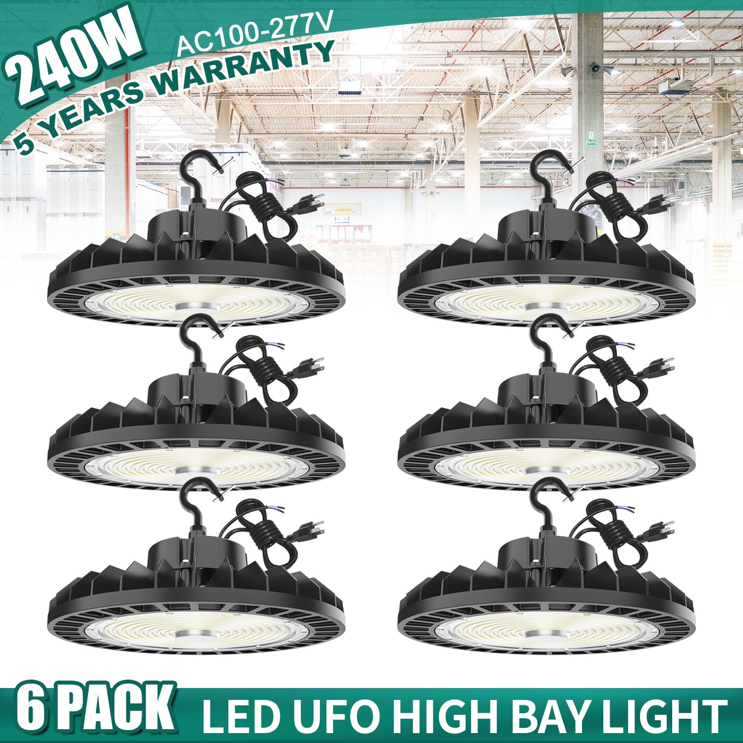 6 PACK 240W UFO Led High Bay Light Commercial Warehouse Led Shop Lighting 5000K