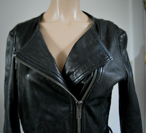Impresionante suave negro cuero de cabra bodycon mini vestido abrigo chaqueta sin cuello motociclista - Imagen 11 de 12
