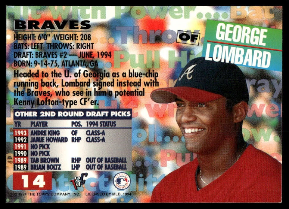 1994 Stadium Club Draft Picks #14 George Lombard - Image 2 of 2