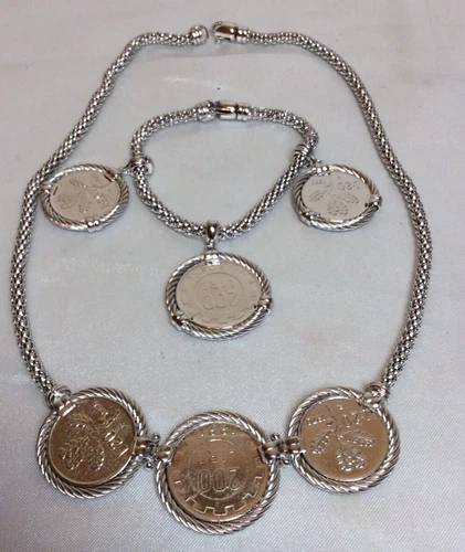 .925 Sterling Silver Lira Coin Necklace And Bracelet Set NWT