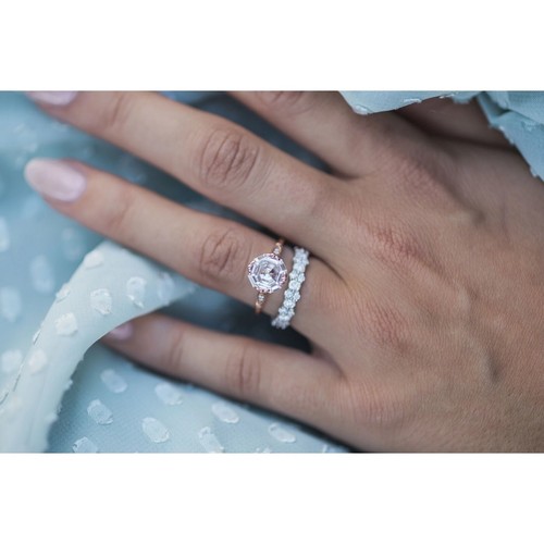 Fish Tail Prong Octagon Step Cut Moissanite Engagement Ring 14K Rose Gold Plated - Picture 5 of 8