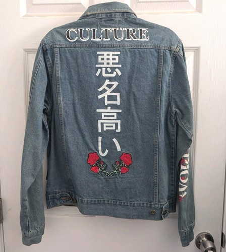 Brooklyn Stoff blau Denim Blumen bestickt Weltweit Kultur Jacke Herren Small - Bild 2 von 5
