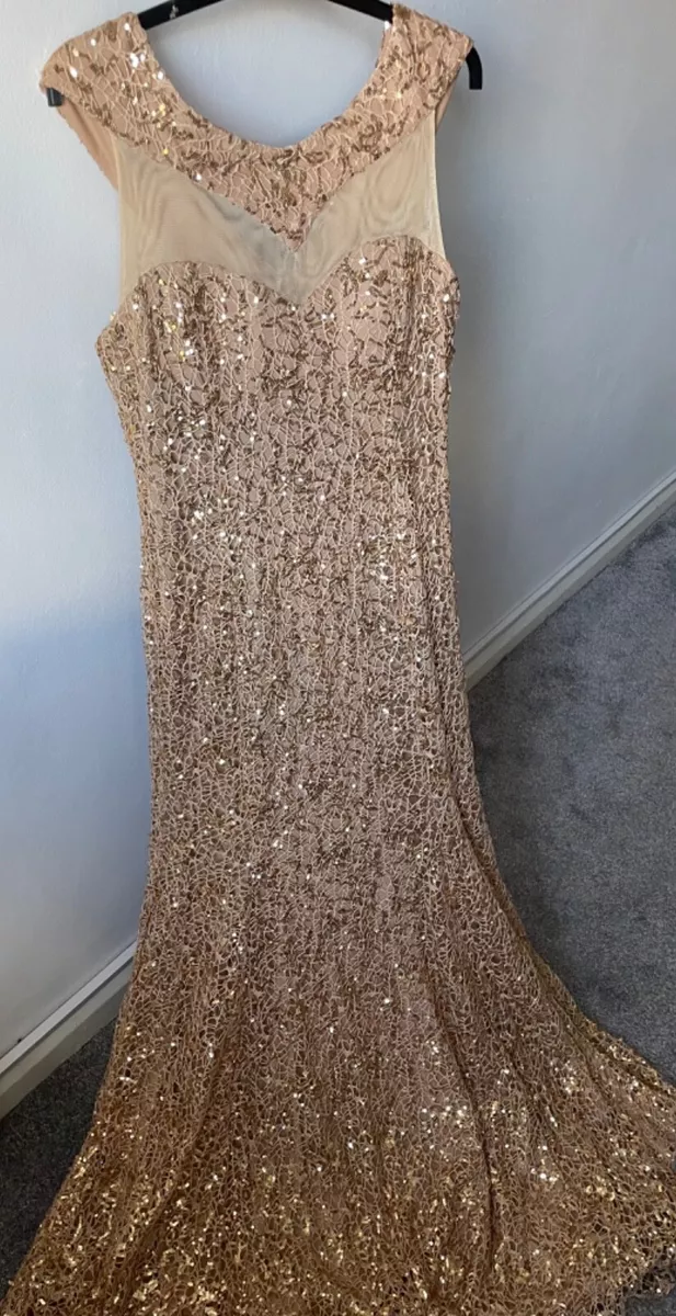 Wedding Dress Prom Maxi Long Gold Lace Sequins Dress Size Xl Women Party  Dress