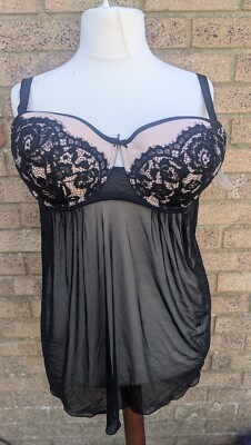 Size 38E Pretty Secrets Black Mesh Baby Doll Nightie With Black Lace Padded Cups