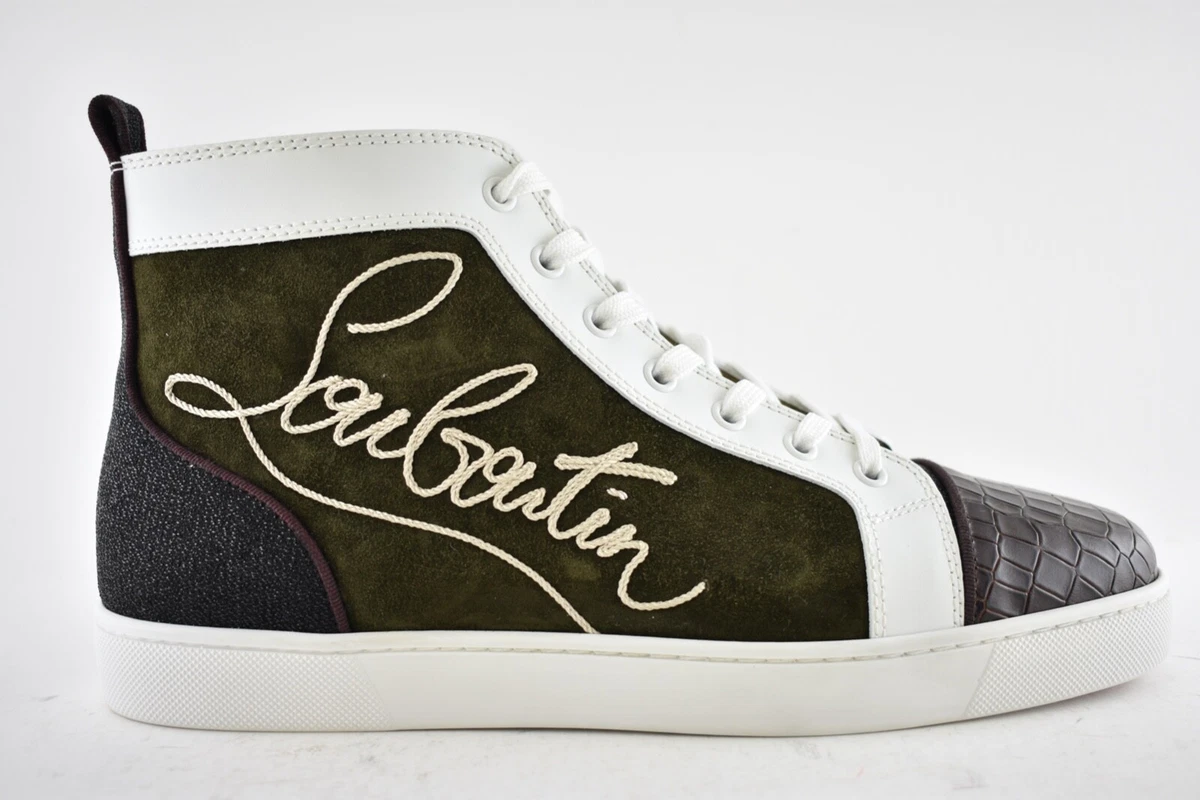 Christian Louboutin Mens Navy Louis Flat Alpino Brown High Top Sneaker 42.5  9.5