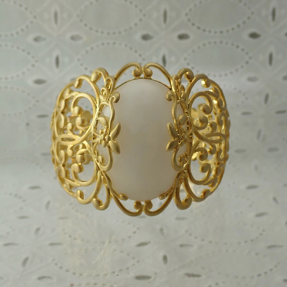 Sheila Fajl 18k Plated Over Brass White Jade Cabochon Huge 7 1/4" Cuff Bracelet - Image 2 of 4