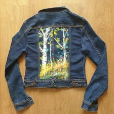 Hand-painted upcycled denim jacket – women’s size S – forest design