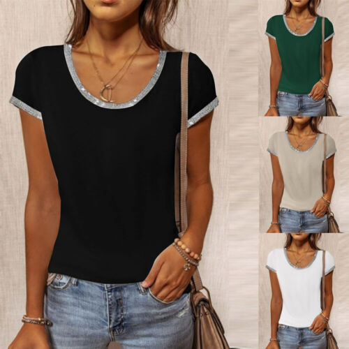 T-Shirt Larghe Da Donna A Maniche Corte Pullover Con Colletto Con Paillettes ☆ - Foto 1 di 20