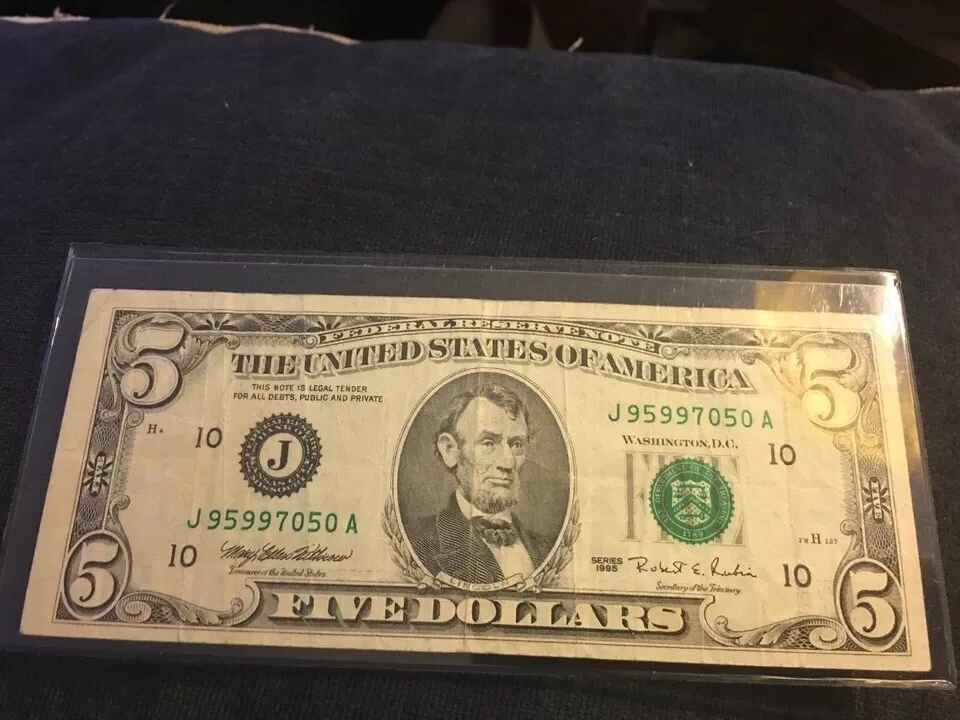 1995 Bill 5 DOUBLE ERROR SHIFT SEAL American Currency Federal Reserve Note